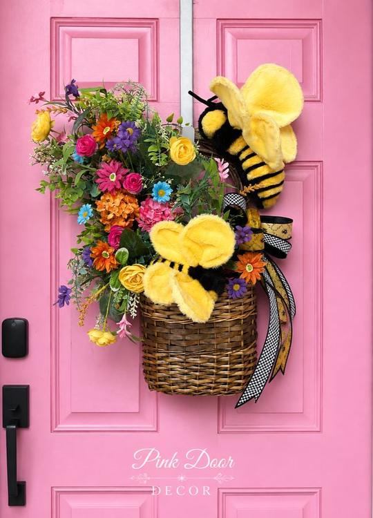 Bumblebee garden basket wreath on the pink door