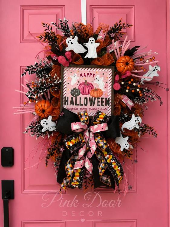 Happy Halloween ghost wreath on the pink door