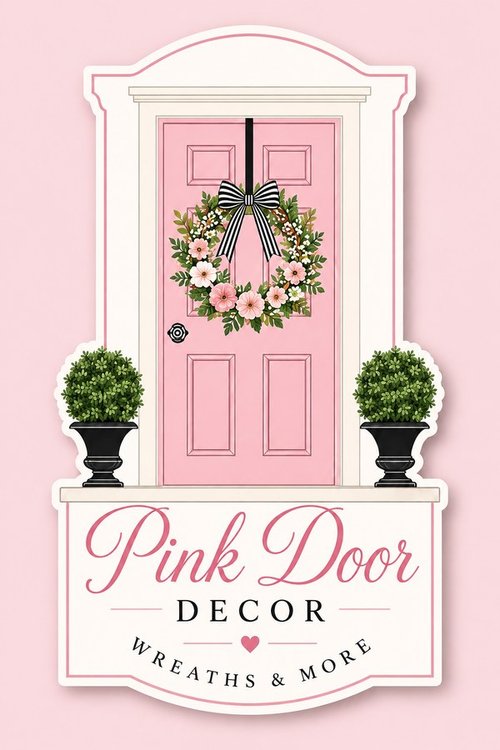 Pink Door Decor logo — an illustrated pink front door with a floral wreath, flanked by topiaries, above the words Pink Door Decor, Wreaths and More