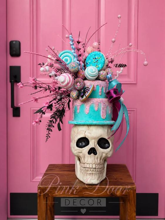 Sweet tooth skull centerpiece with candy cake