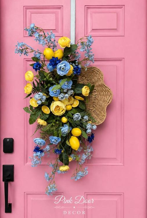 Lemon and bluebell basket on the pink door